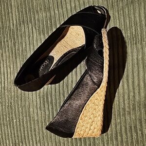 Joan & David Bettini black satin peep toe espadrille wedge. Size 9.